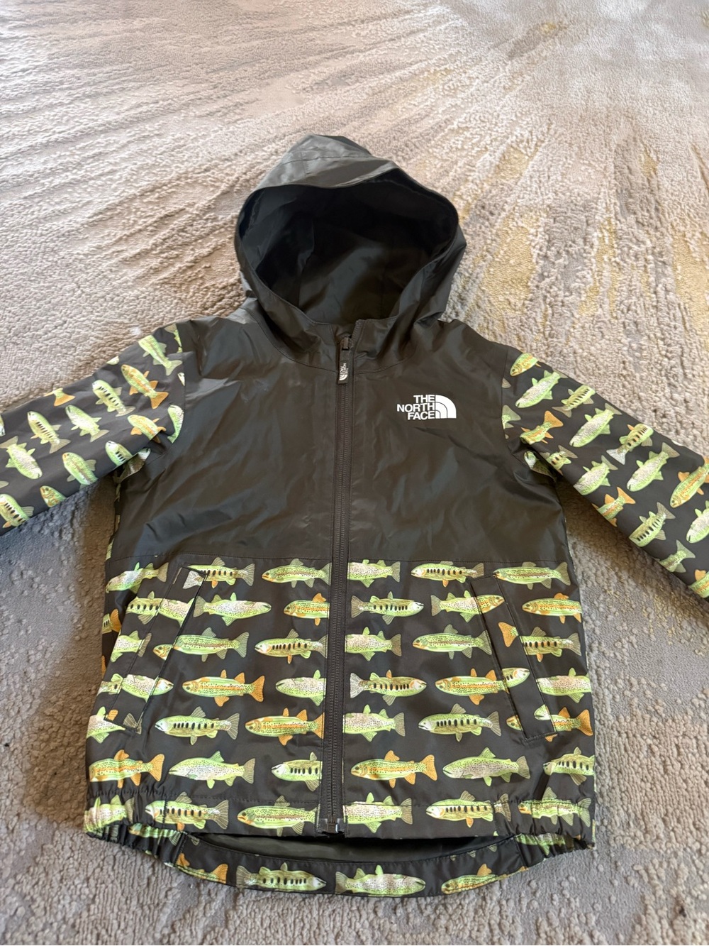 The North Face rain jacket fish print army Green raincoat zip front 3T - Picture 8 of 10